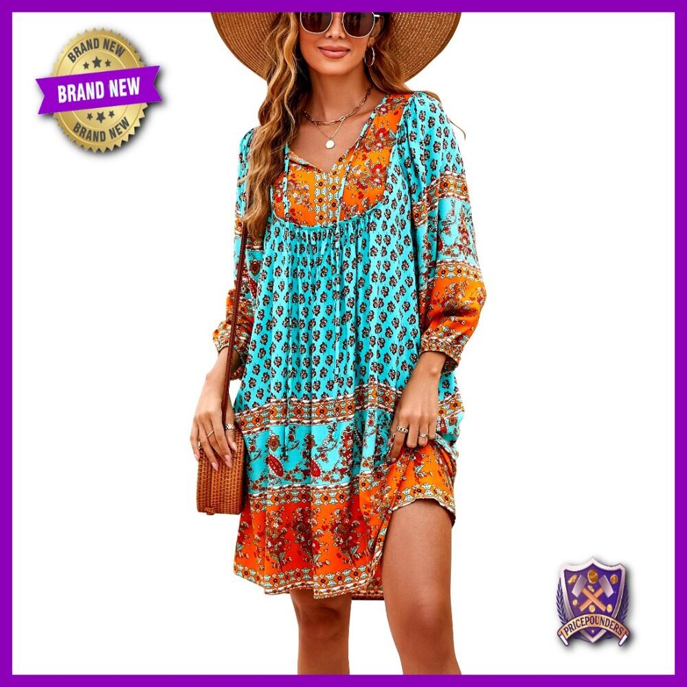Summer Boho Floral Babydoll Dress V Neck 3/4 Sleeve Flowy Casual Beach